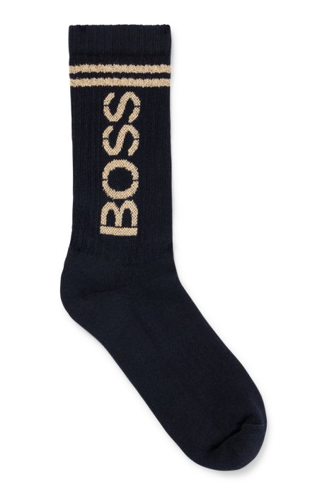 Short organic-cotton-blend socks with metallic logo, Dark Blue
