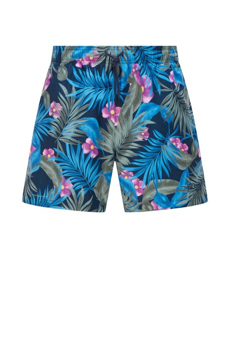 Leaf-print swim shorts in quick-drying recycled fabric, Light Blue