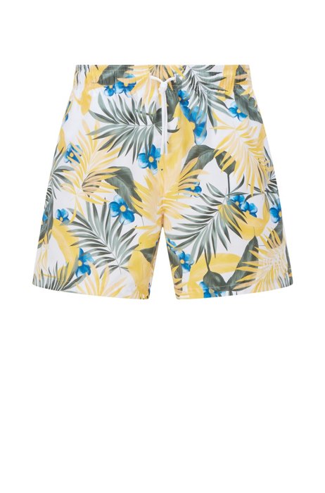 Leaf-print swim shorts in quick-drying recycled fabric, Yellow