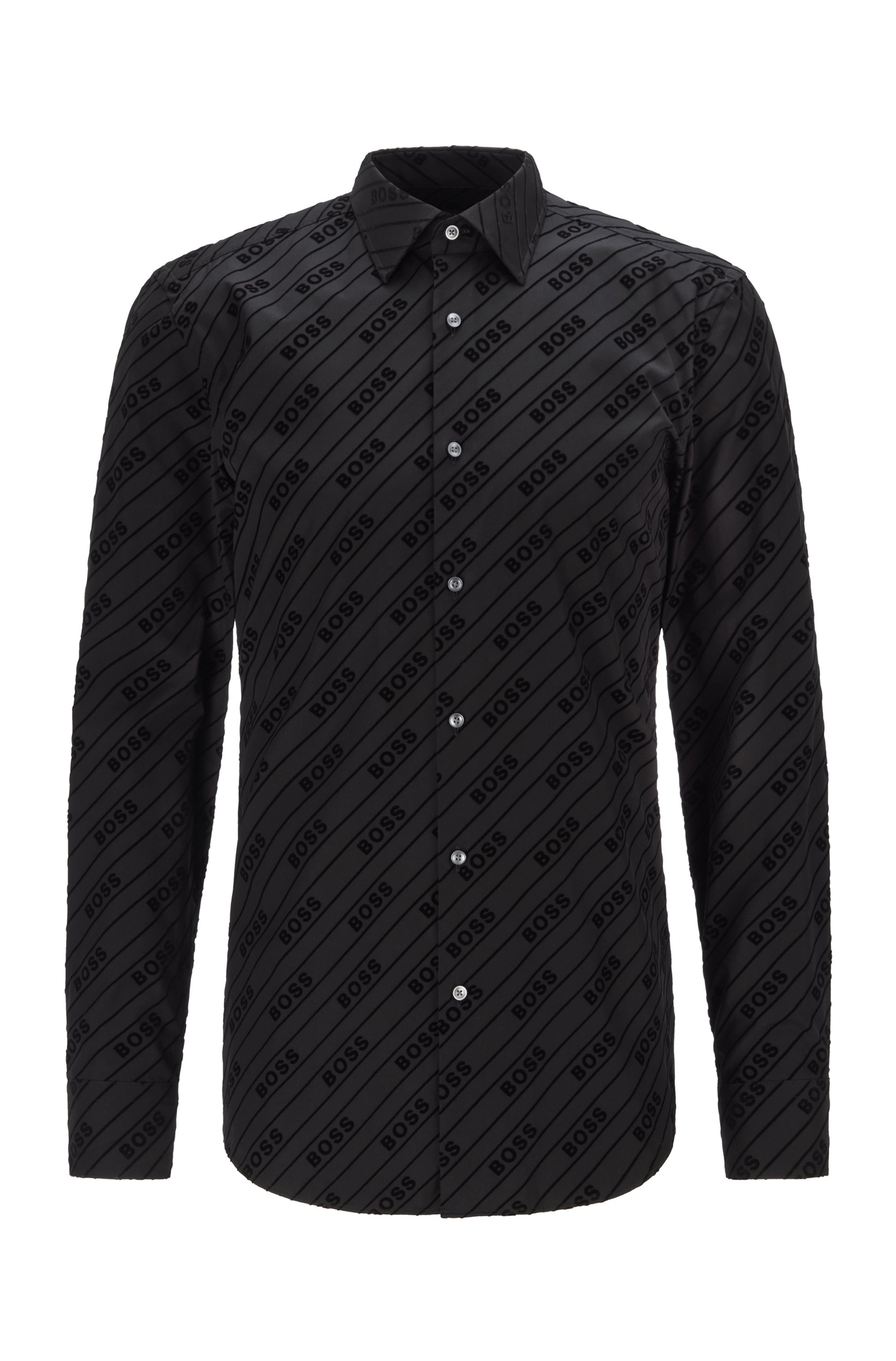 Camisa slim fit de algodón con logo de diseño flocado, Negro