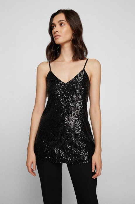 V-neck camisole top in stretch fabric with embroidered sequins, Black