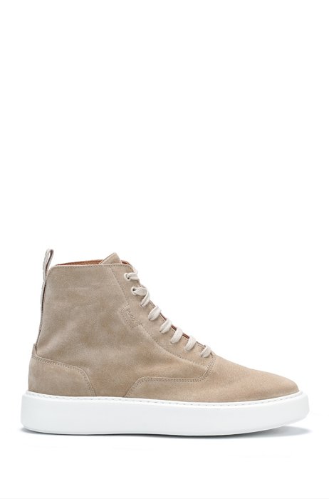 Half-boots in suede with logo details, Light Beige