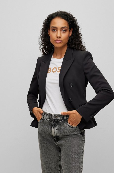 Regular-fit double-breasted jacket in stretch fabric, Noir