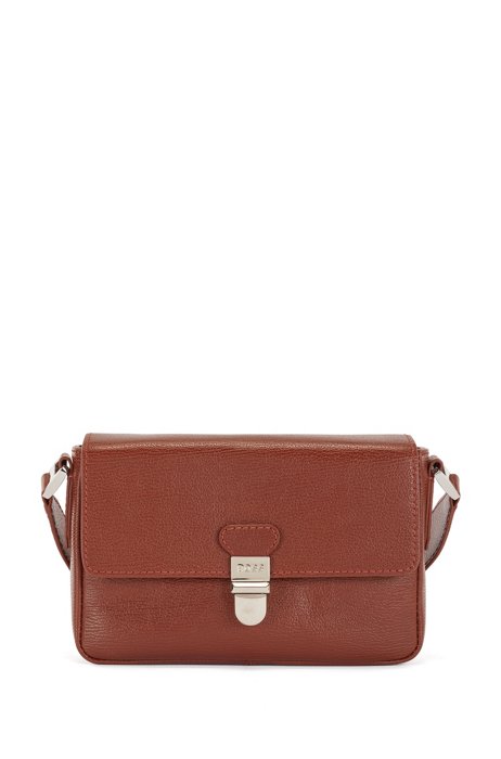Crossbody bag in grained leather with signature hardware, Brown