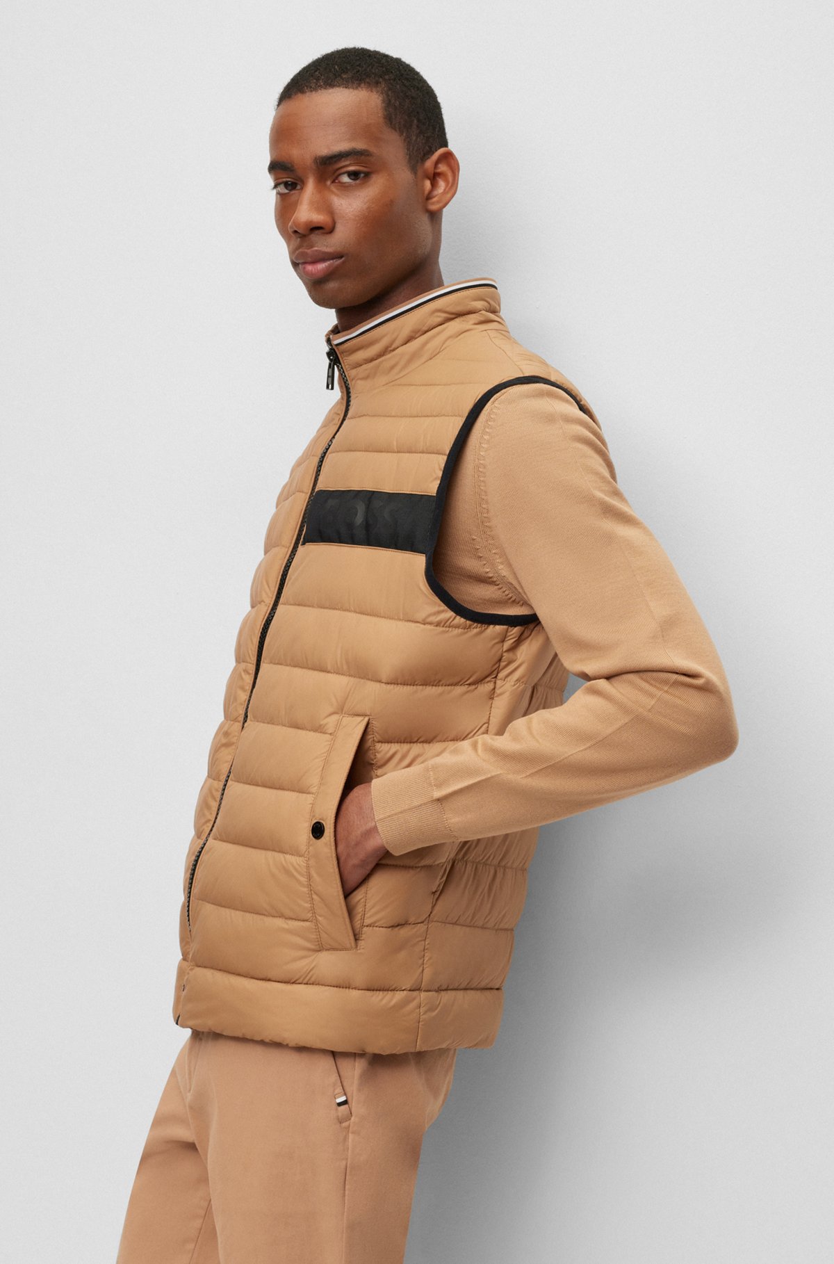 Water-repellent padded gilet with 3D logo tape, Beige