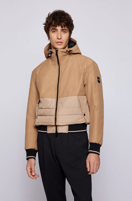 Water-repellent hooded jacket in mixed materials, Beige