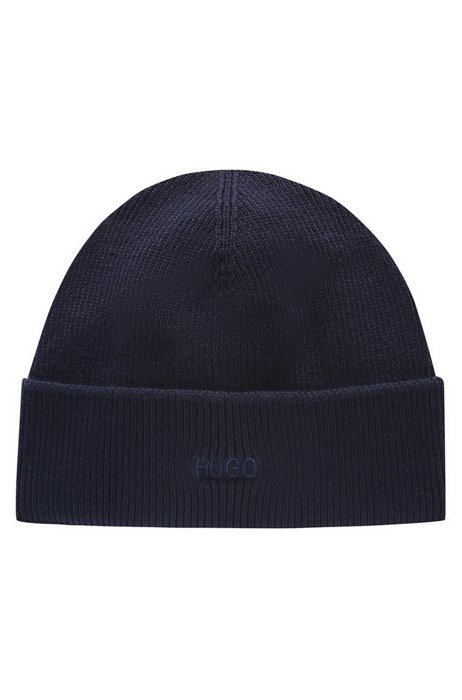 Ribbed beanie hat with tonal embroidered logo, Dark Blue