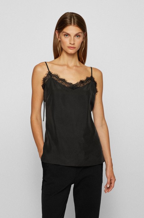 Camisole top in pure silk with eyelash-lace trim, Black