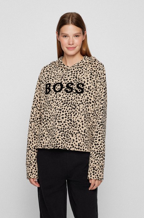 Animal-print cotton hoodie with velvet logo, Patterned