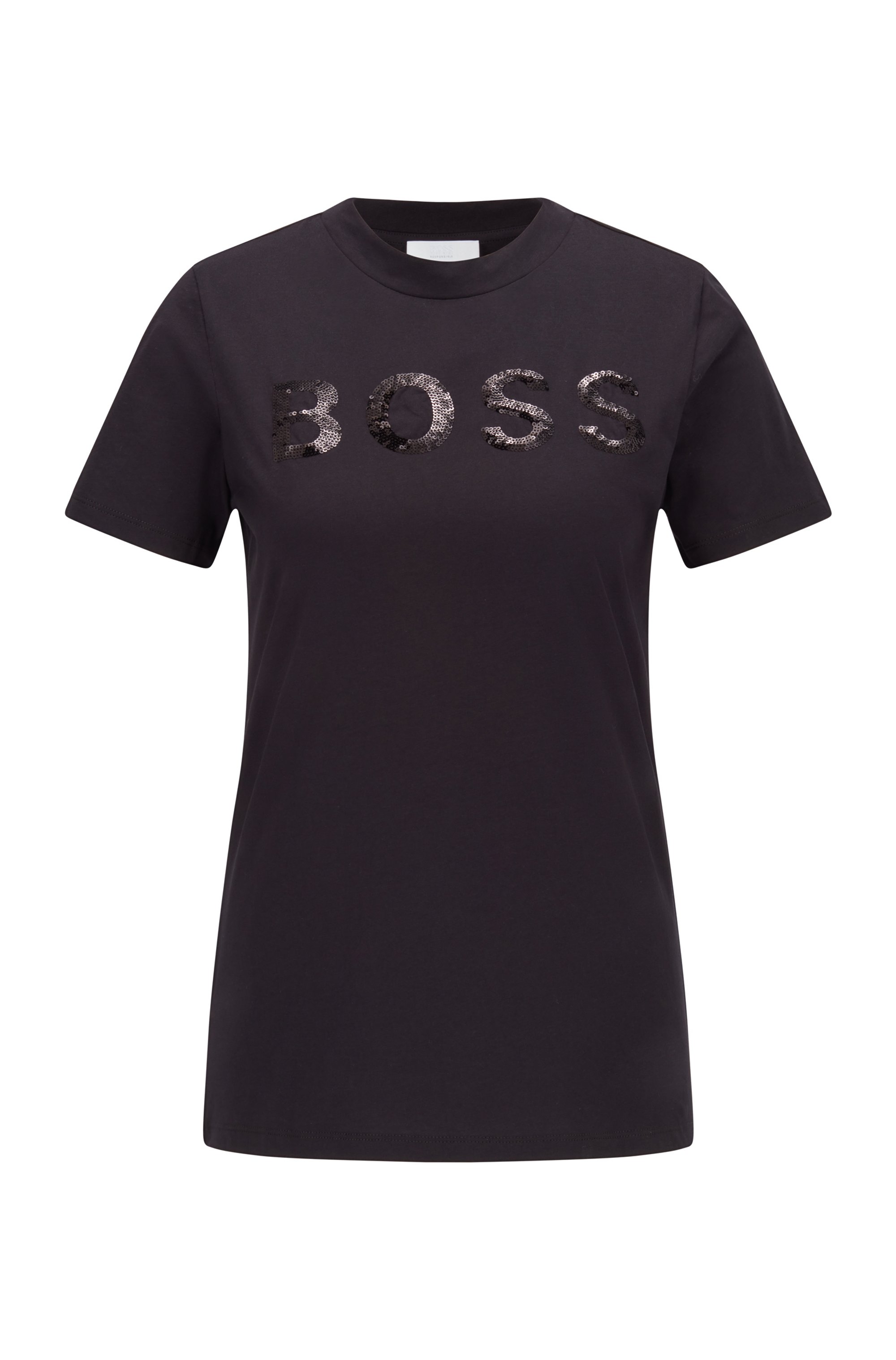 Organic-cotton T-shirt with sequin logo, Black