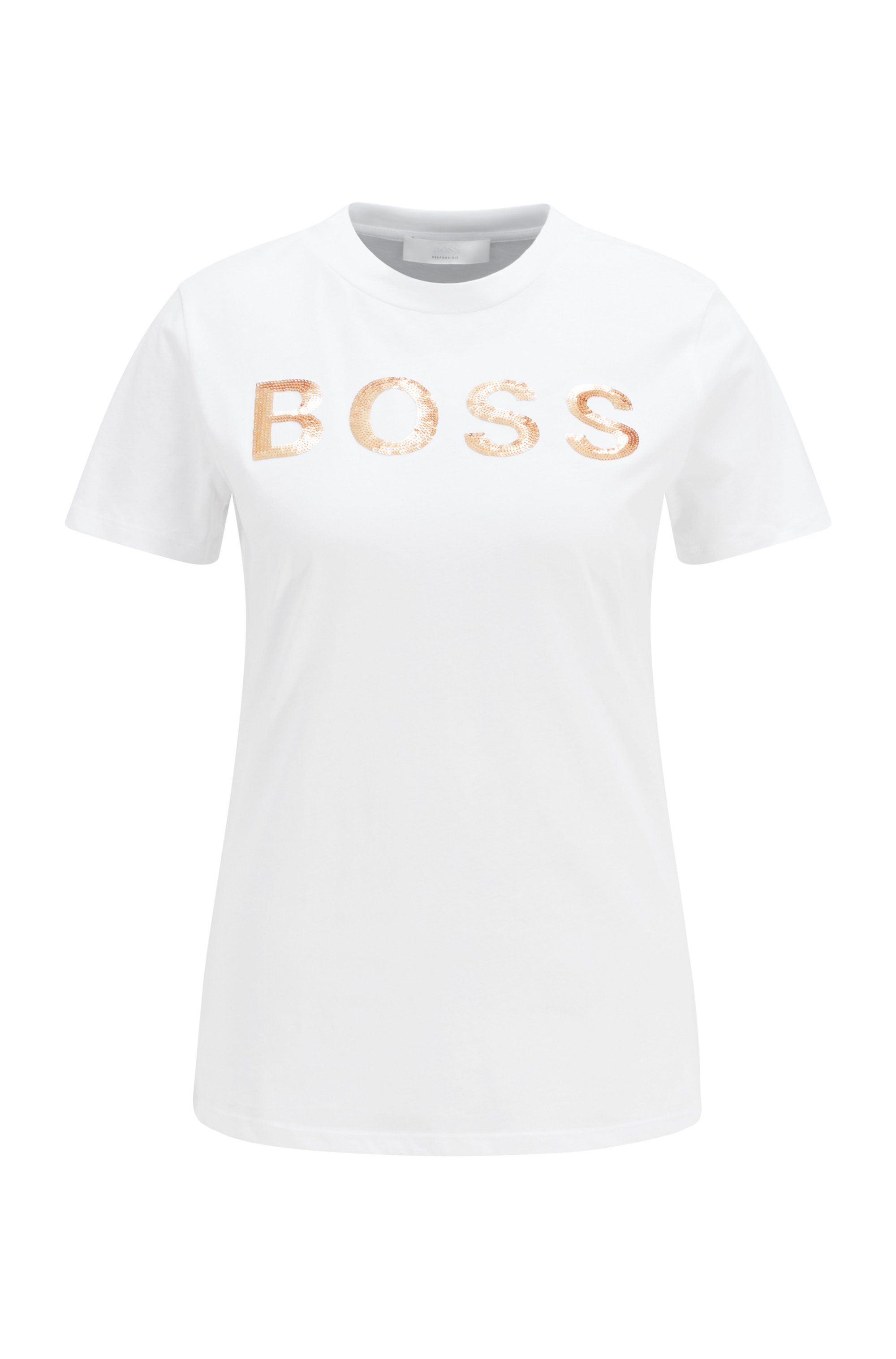 Organic-cotton T-shirt with sequin logo, White