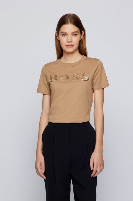 Organic-cotton T-shirt with sequin logo, Light Beige