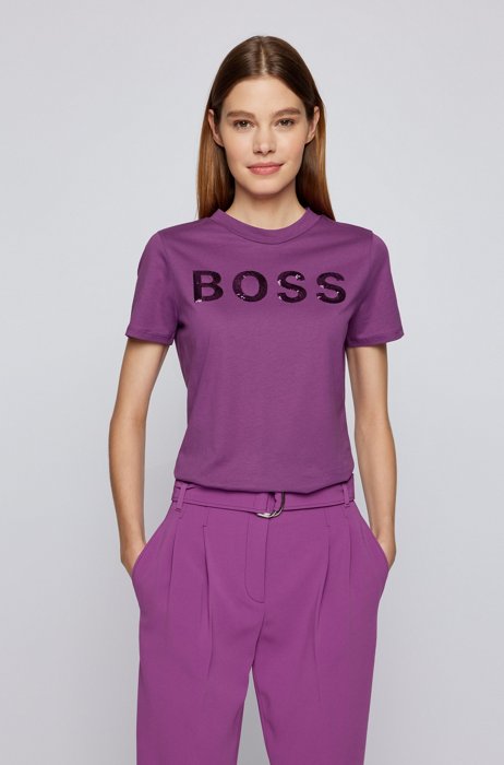 Organic-cotton T-shirt with sequin logo, Purple