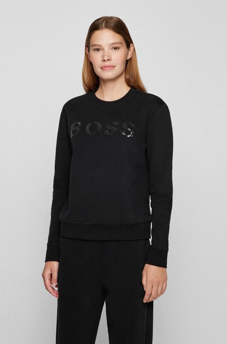 Organic-cotton sweatshirt with sequin logo, Black