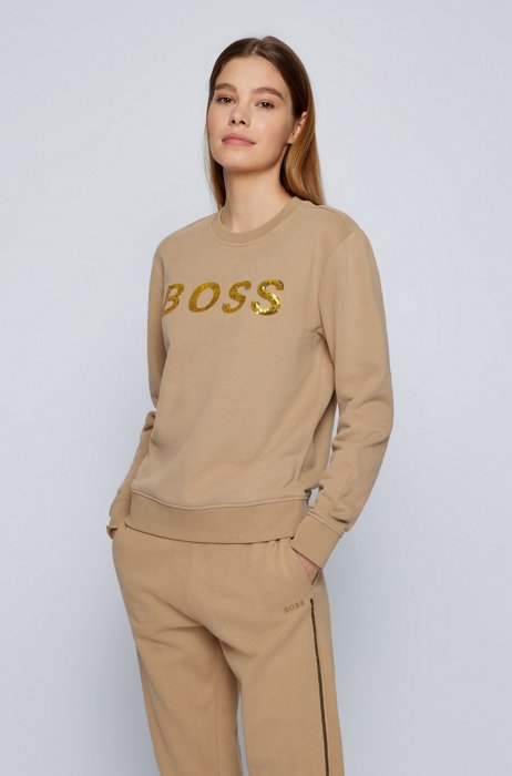 Organic-cotton sweatshirt with sequin logo, Light Beige