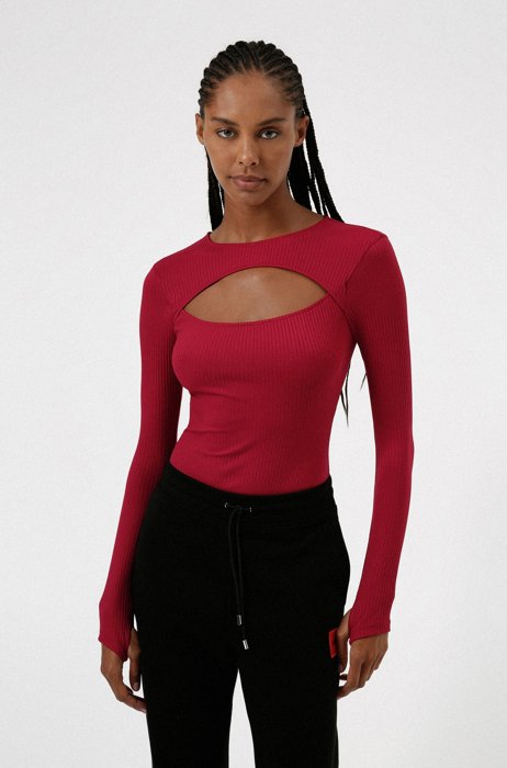 Long-sleeved super-stretch bodysuit with cut-out front, Red