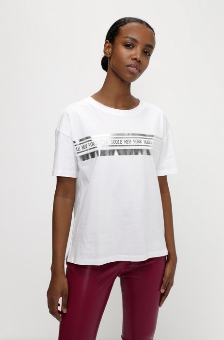 Organic-cotton T-shirt with metallic city striped print, White