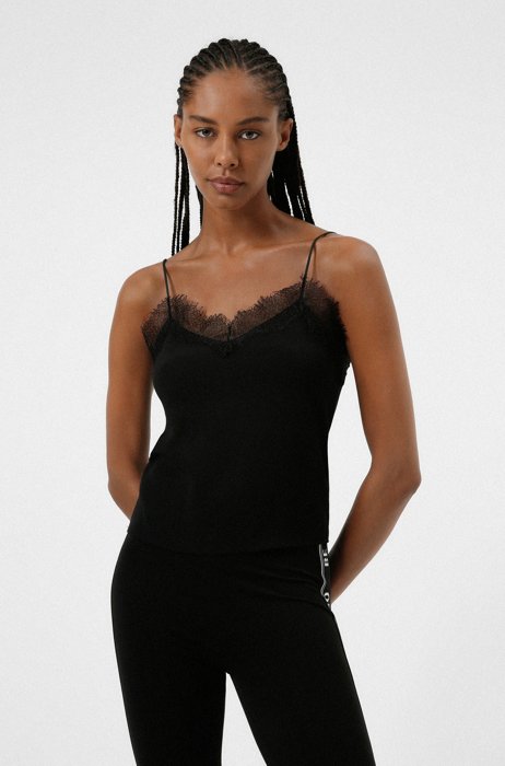 Strappy camisole top with eyelash-lace trim, Black