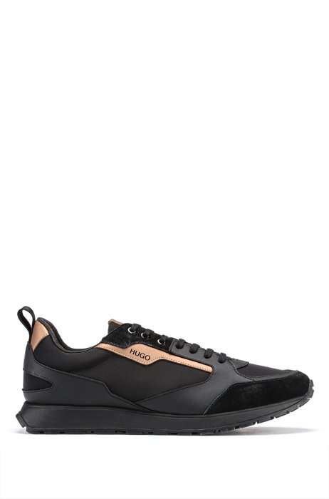 Mixed-material trainers with suede and golden trims, Black