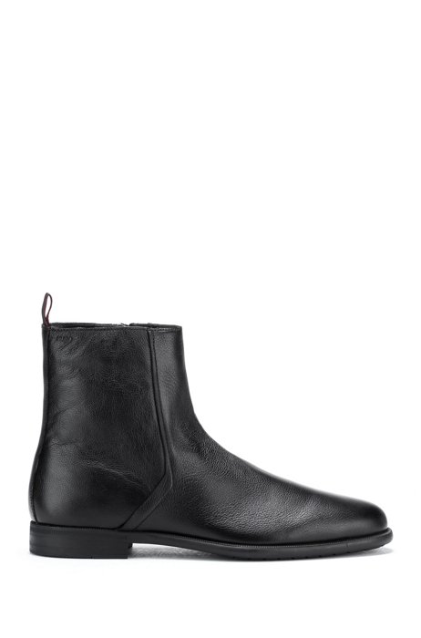 Grained-leather zip-up boots with embossed logo, Black
