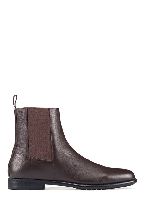 Chelsea boots in tumbled leather with embossed logo, Dark Brown