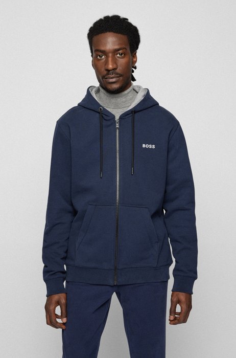 Cotton-blend zip-up hoodie with contrast logo, Dark Blue