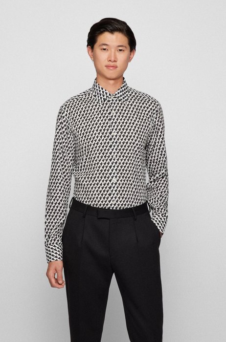 Slim-fit overhemd van een TENCEL™ Lyocell-mix met geometrische print, Wit