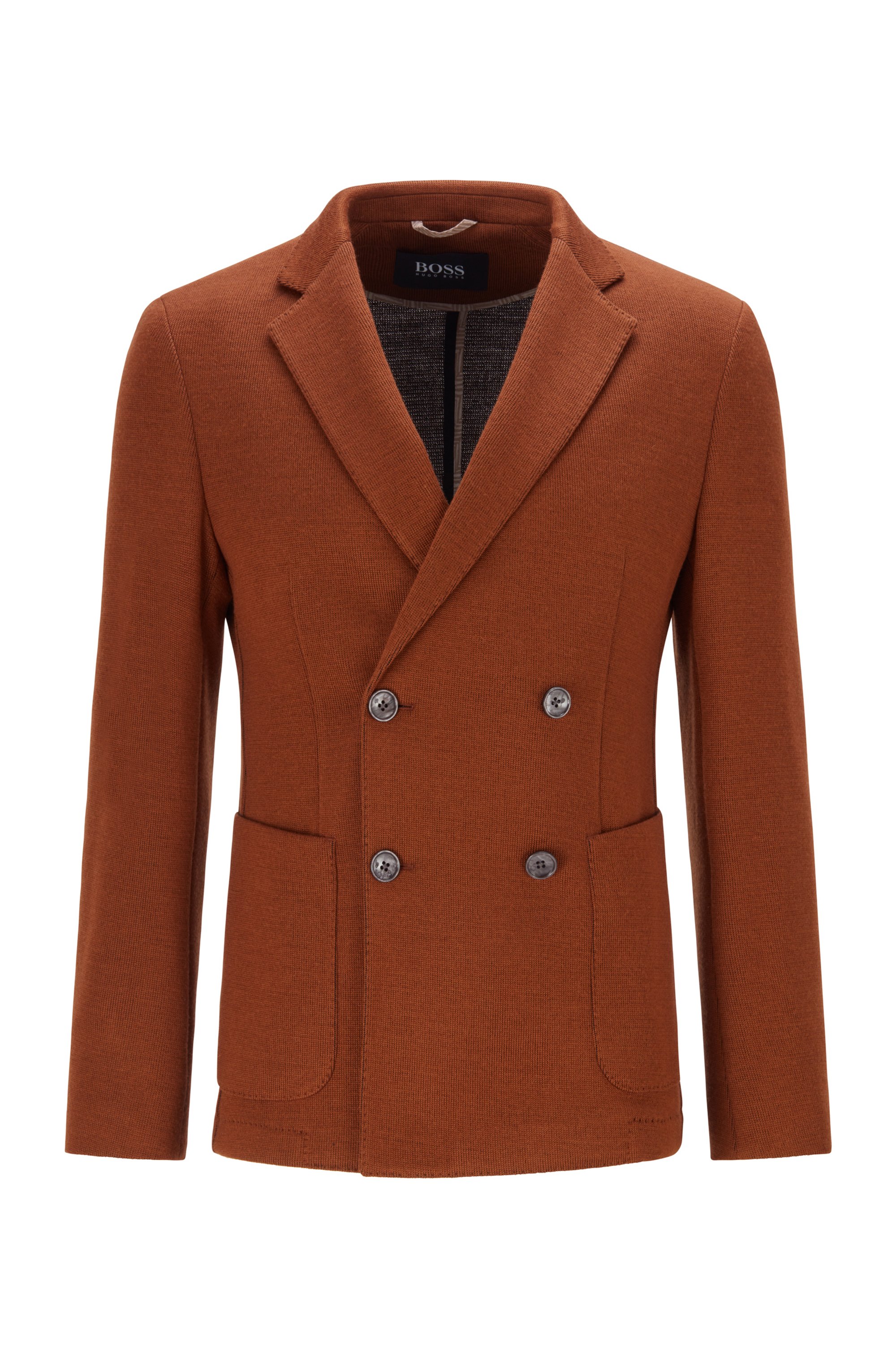 Slim-fit double-breasted jacket in double-faced jersey, Brown
