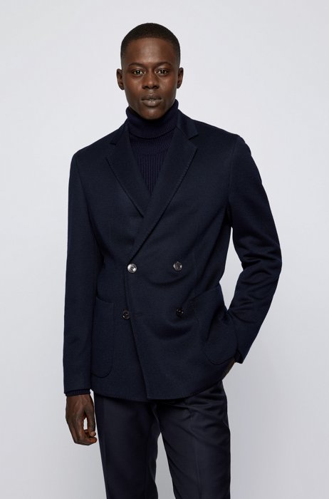 Slim-fit double-breasted jacket in double-faced jersey, Dark Blue