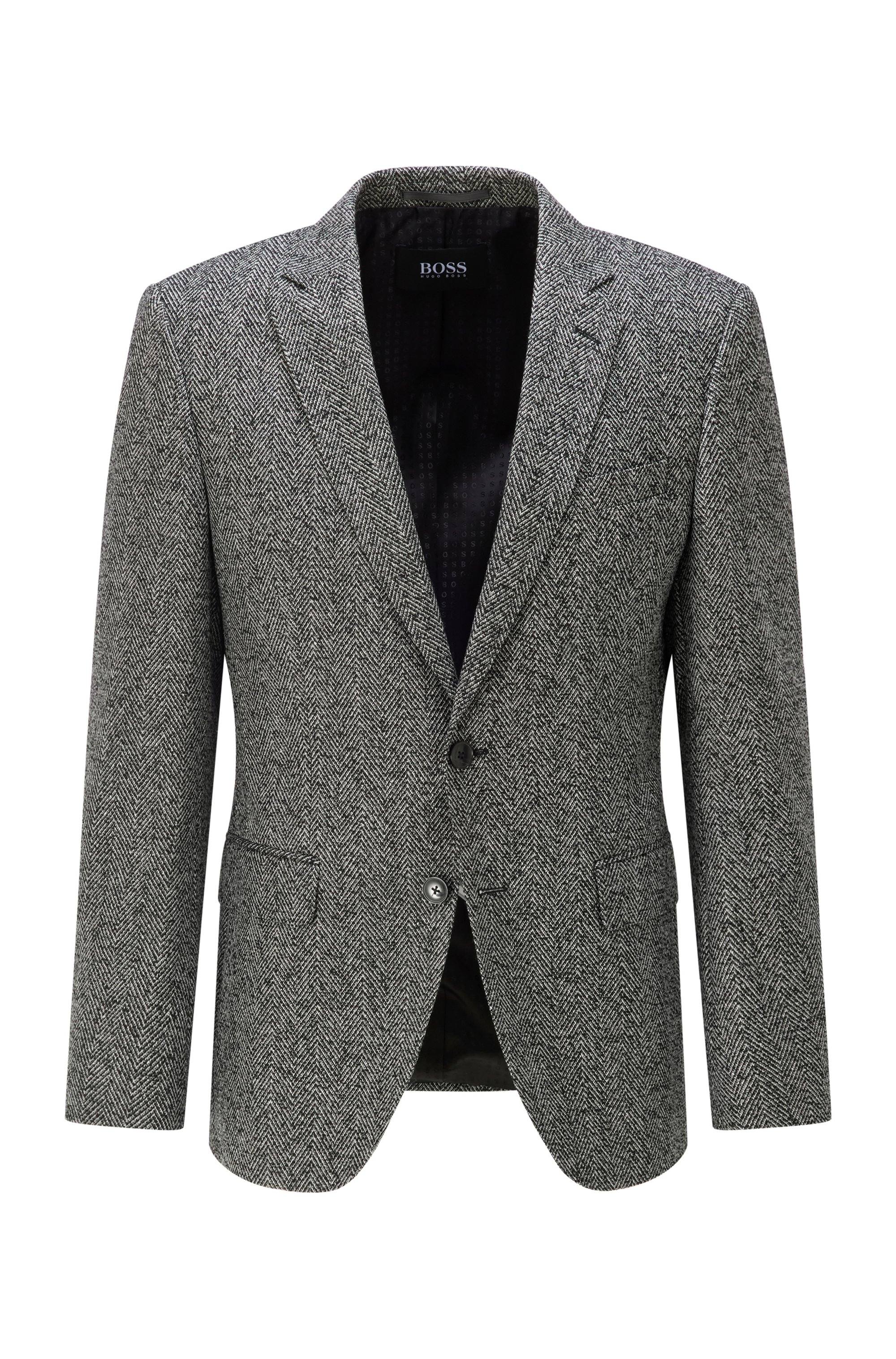 Slim-fit jacket in a herringbone wool blend, Black