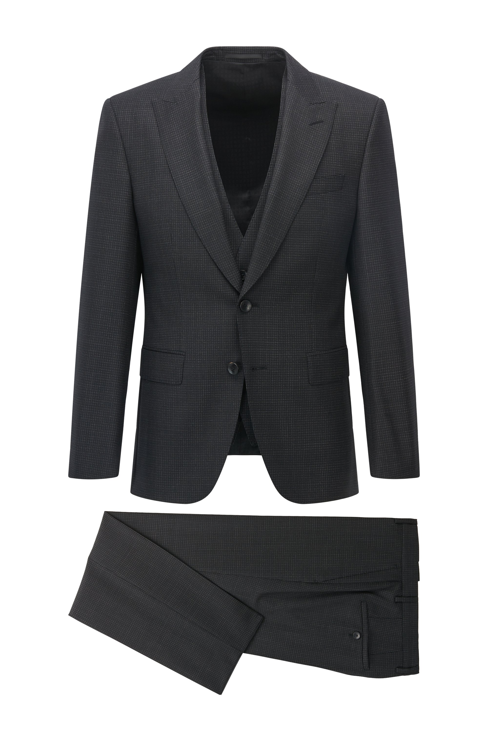 Slim-fit three-piece suit in checked virgin wool, Black