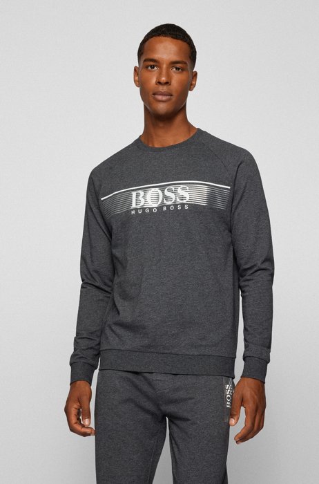 Cotton loungewear sweatshirt with stripes and logo, Dark Grey