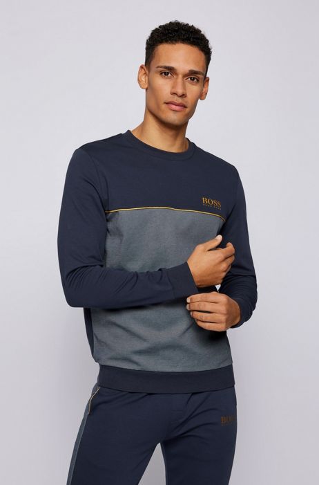 BOSS Mens Tracksuit Sweatshirt Cotton-Blend Loungewear Sweatshirt with Metallic Logo
