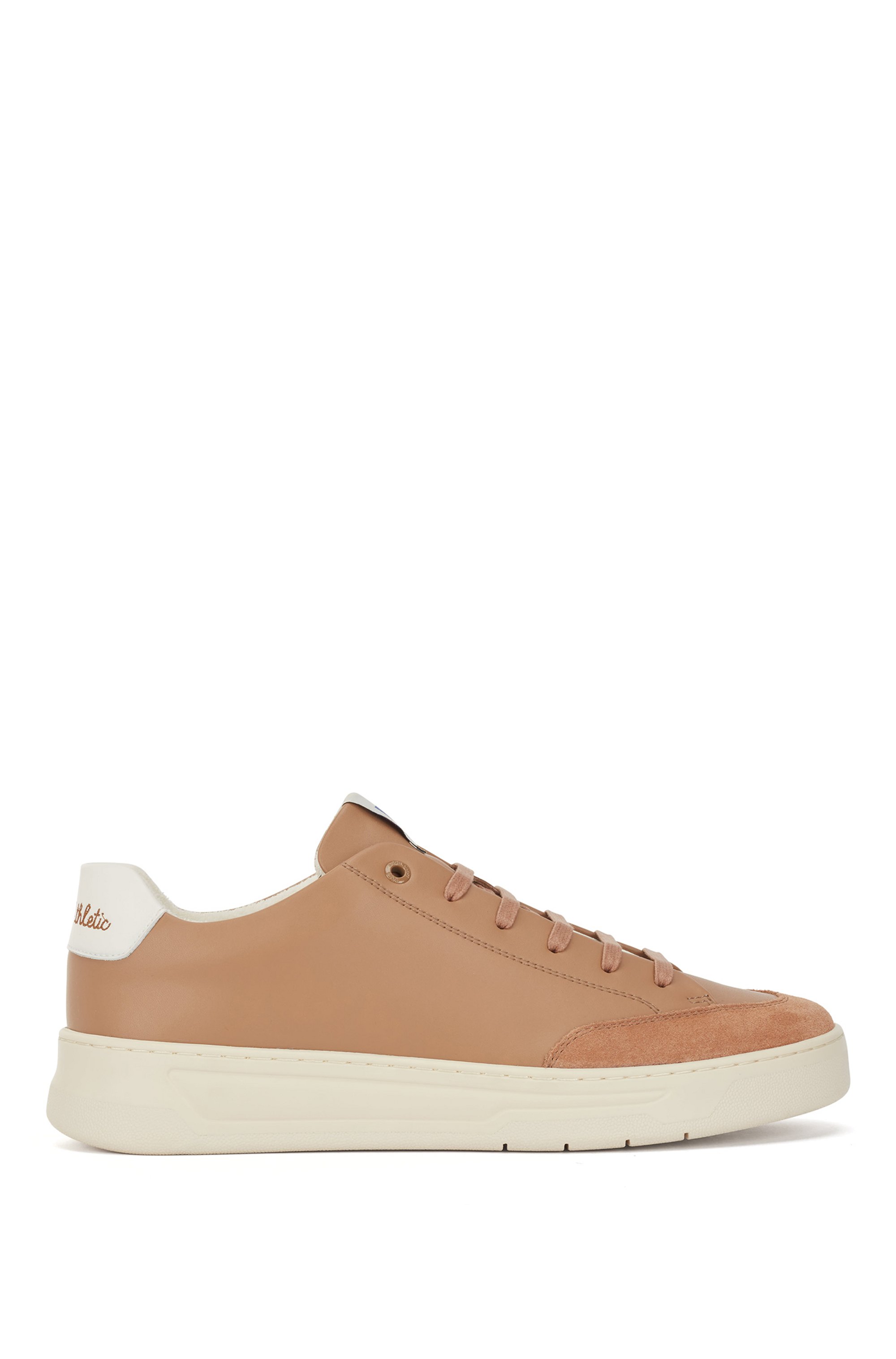 Lace-up trainers in mixed materials with exclusive logo, Beige