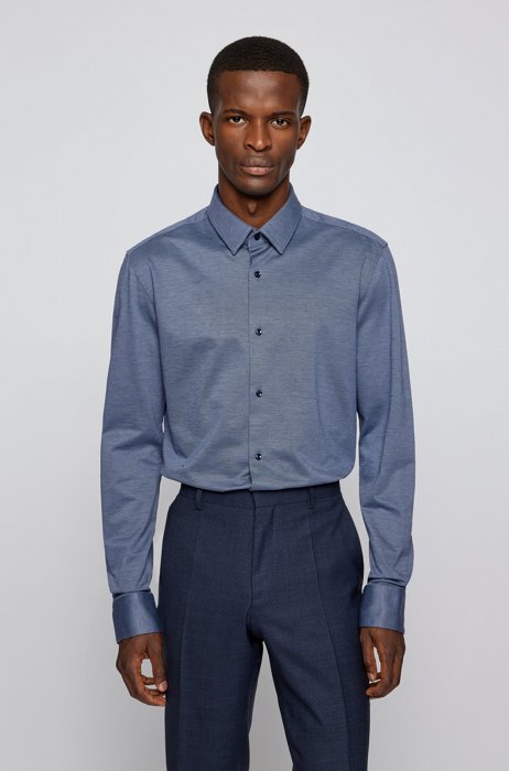 Slim-fit shirt in cotton twill jersey, Dark Blue