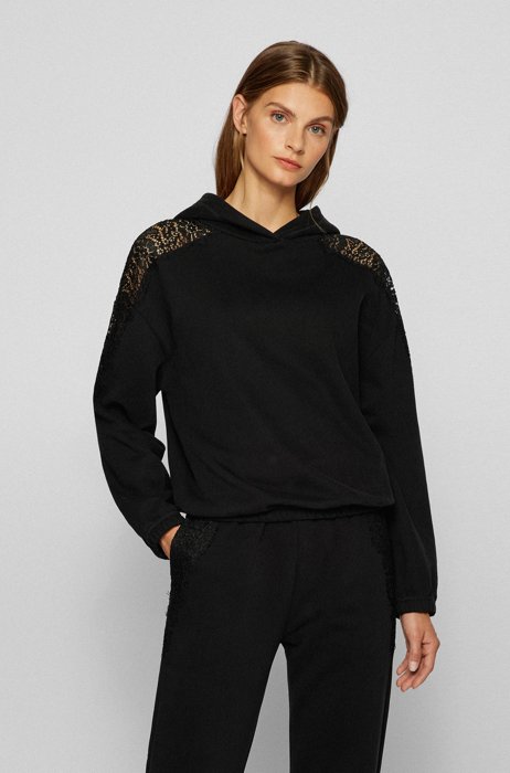 Cotton hooded sweatshirt with black-lace trim, Black