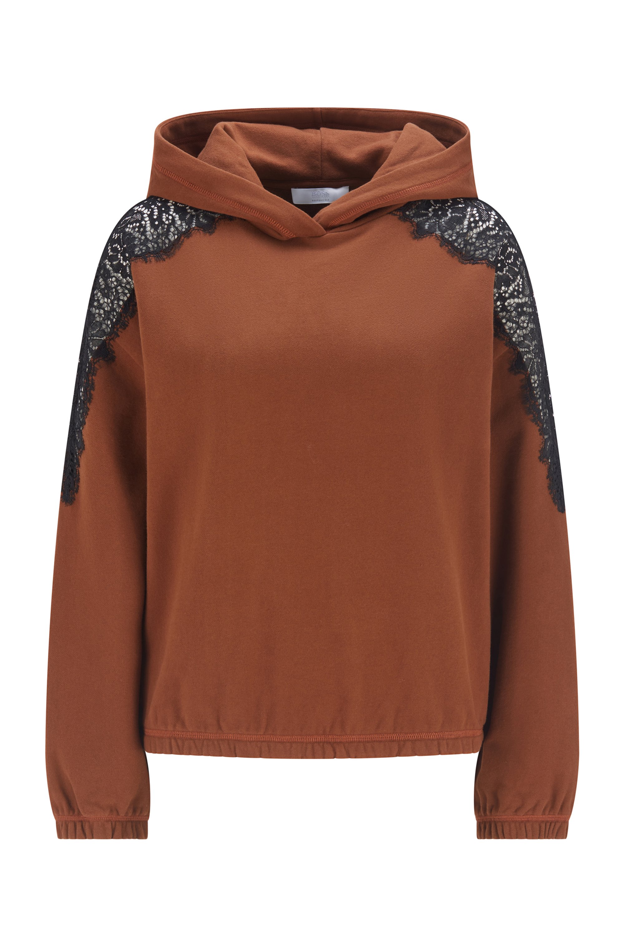 Cotton hooded sweatshirt with black-lace trim, Brown