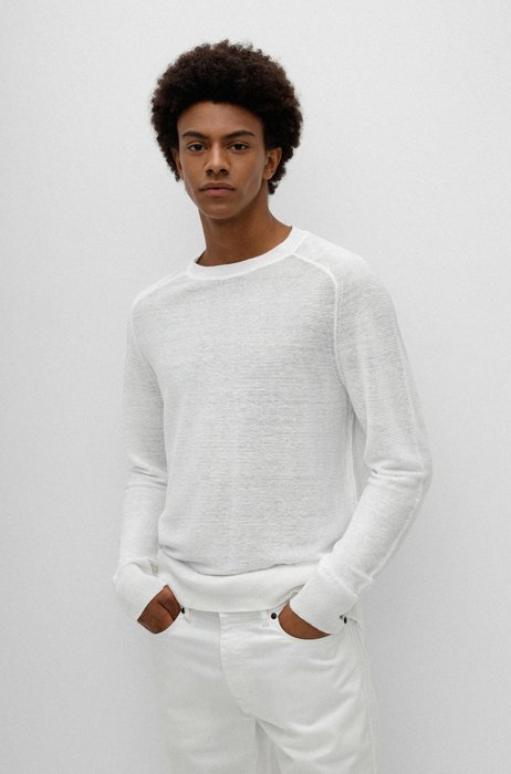 Maglione relaxed fit in puro lino, Bianco