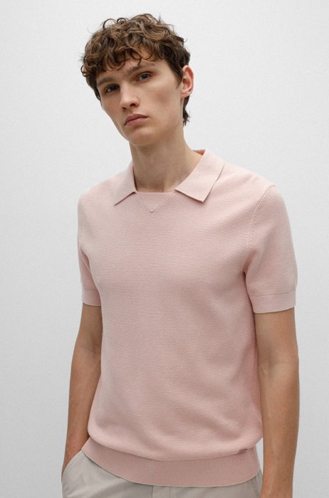 Short-sleeved knitted sweater with open polo collar, light pink