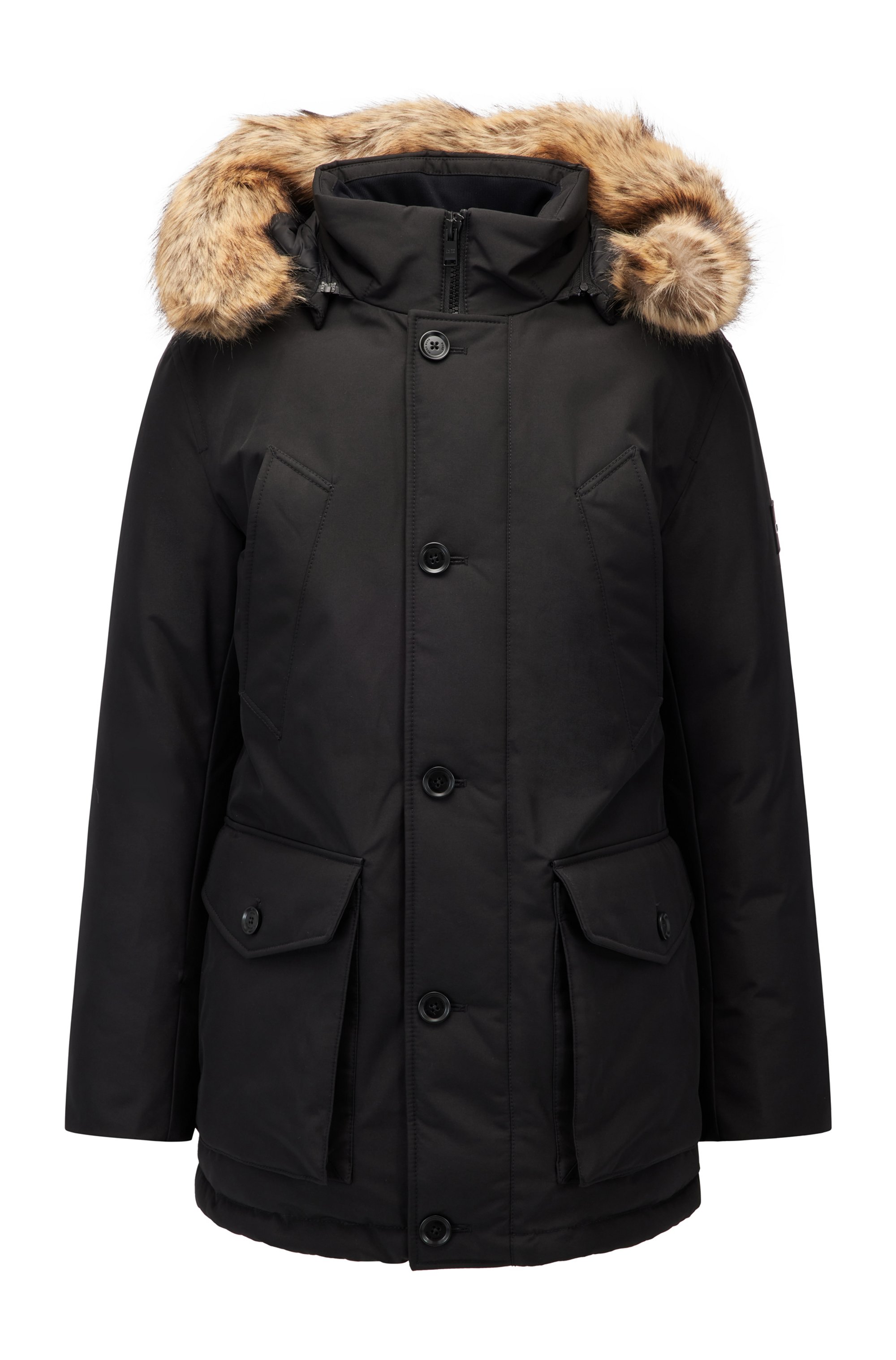 Down-filled parka with removable faux-fur-trimmed hood, Black