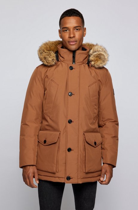 Down-filled parka with removable faux-fur-trimmed hood, Brown
