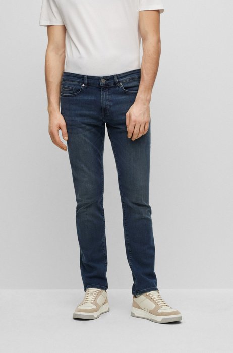 Slim-fit jeans van oververfd blauw super-stretchdenim, Donkerblauw