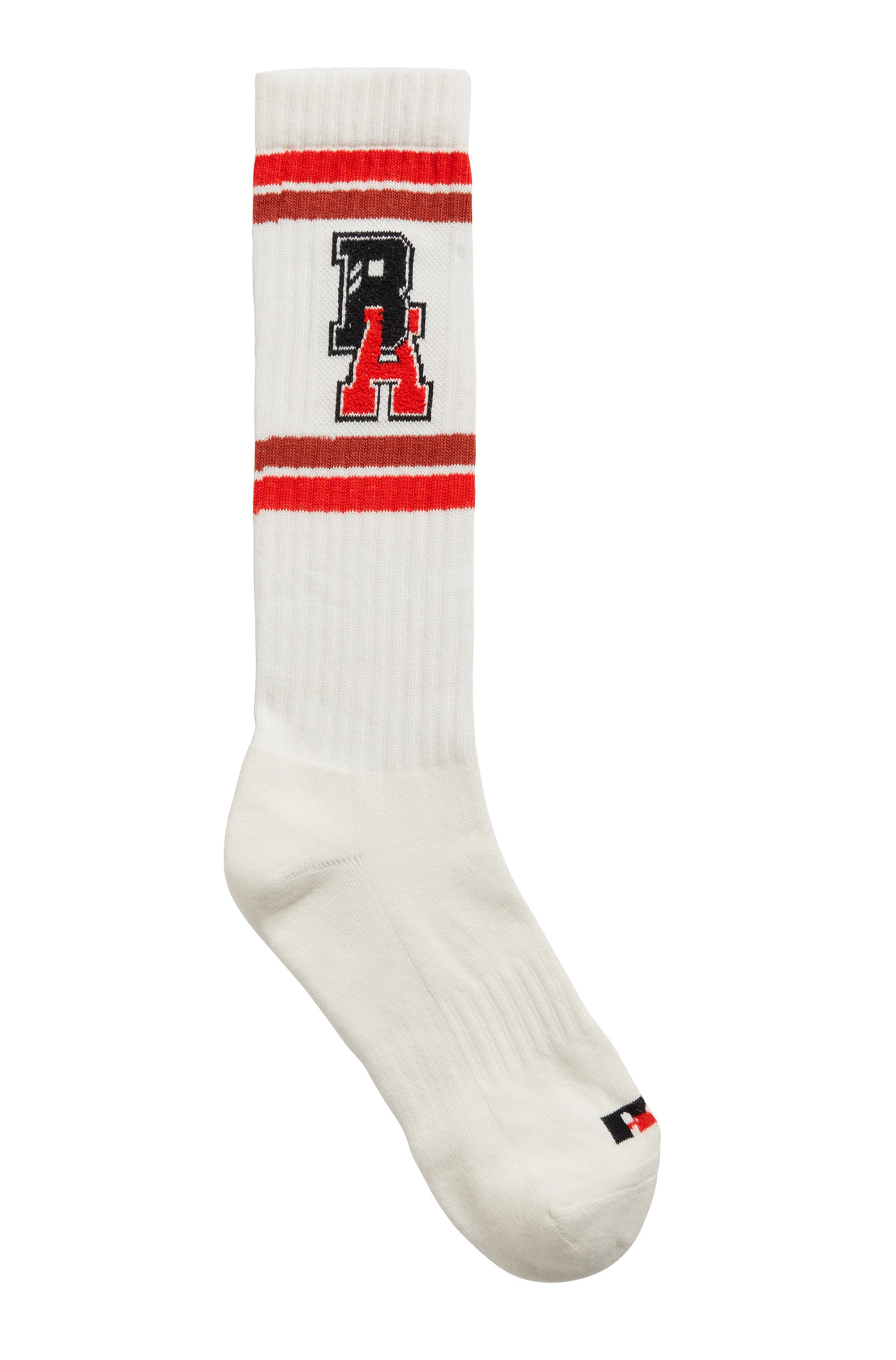 Unisex knee-high socks with varsity-style logo, White