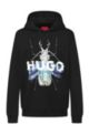 Cotton-terry hooded sweatshirt with cyber-bug artwork, Black