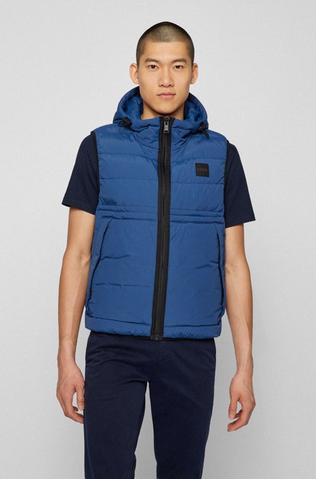 Hooded padded gilet with silicone logo patch, Dark Blue