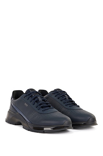 搭配穿孔鞋头和梭织标志皮革运动鞋,  401_Dark Blue