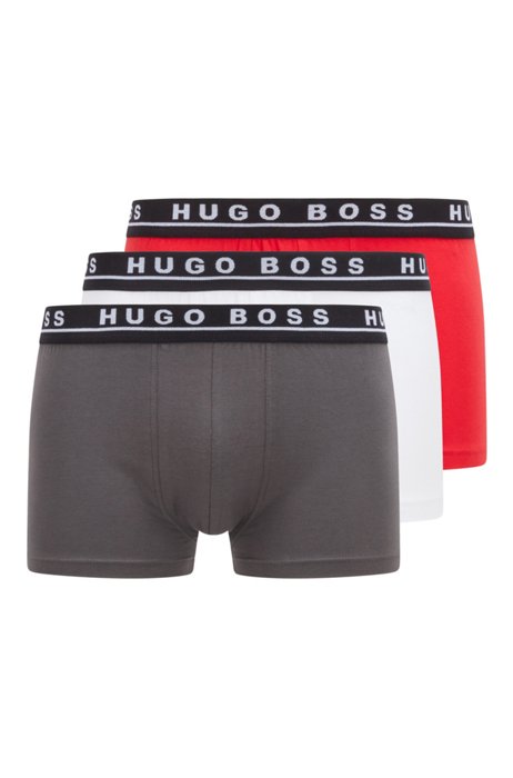 Three-pack of stretch-cotton trunks with logo waistbands, Red / White / Grey