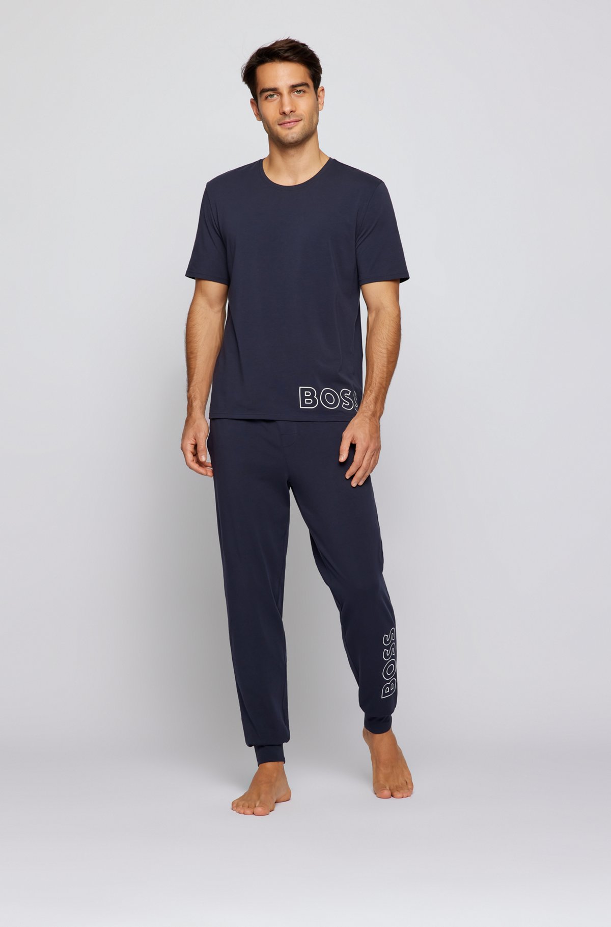 Cuffed pajama bottoms in stretch-cotton with vertical logo, Dark Blue