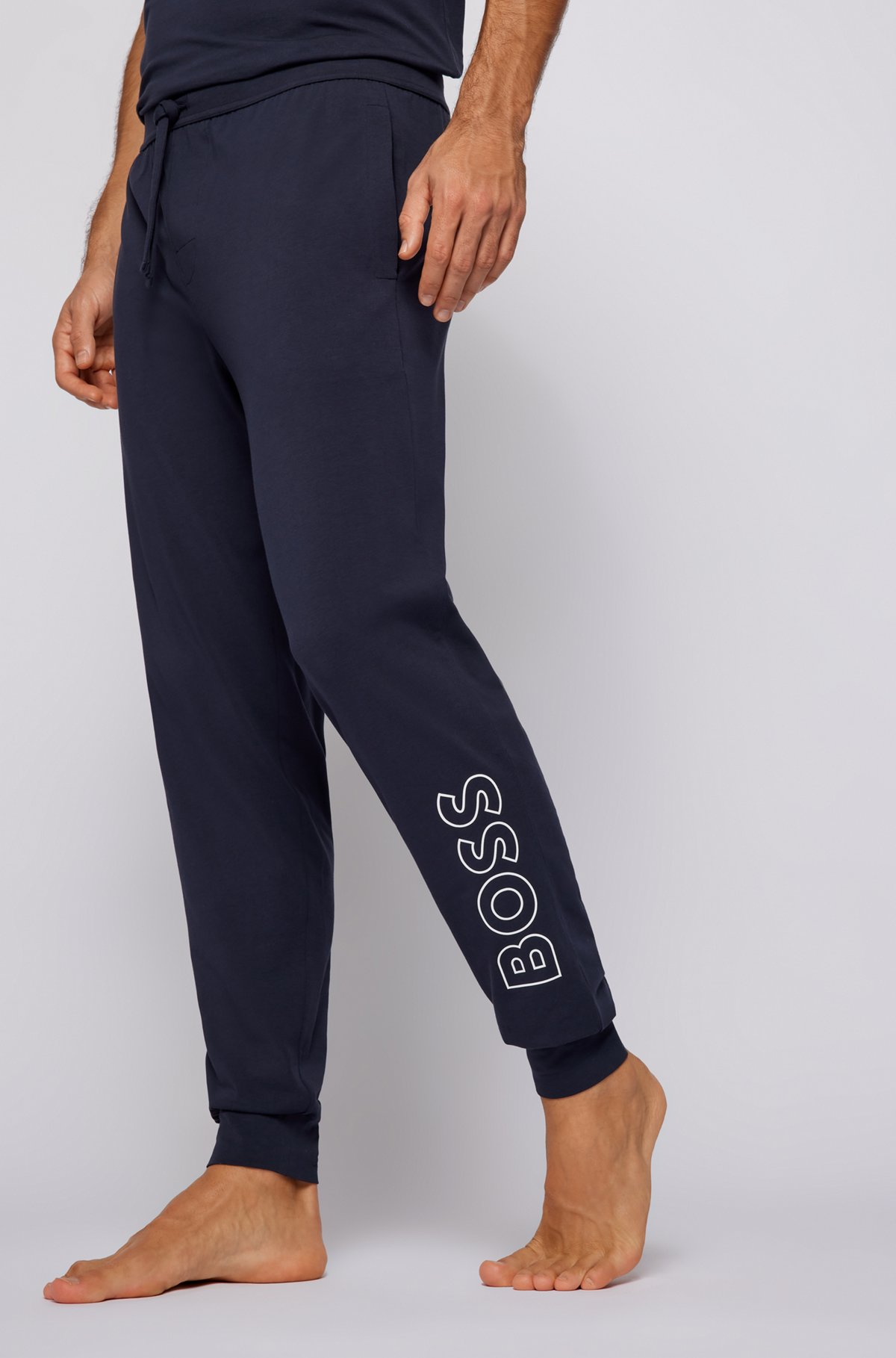 Cuffed pajama bottoms in stretch-cotton with vertical logo, Dark Blue