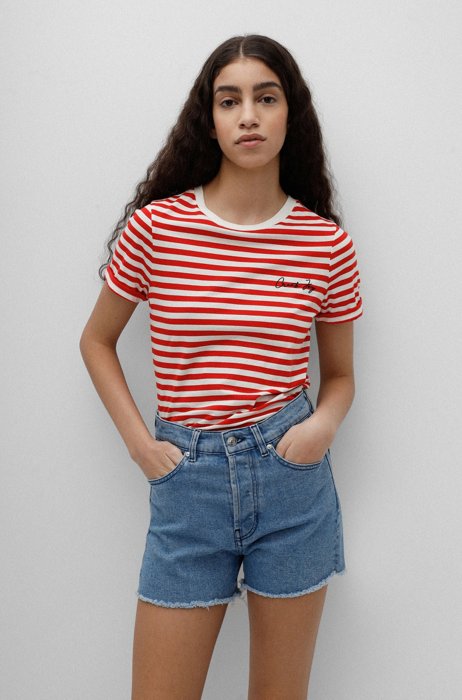 Striped slim-fit T-shirt in organic cotton with slogan, Red Patterned